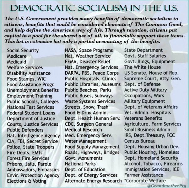#DemVoice1 #DemsUnited MAGA Republican extremists want you to be afraid of the word “Socialism” 😱 🚨Don’t fall for it!!! You or your family benefit from many of these social services like . . Police Departments Fire Departments Public schools Public hospitals Veteran’s…