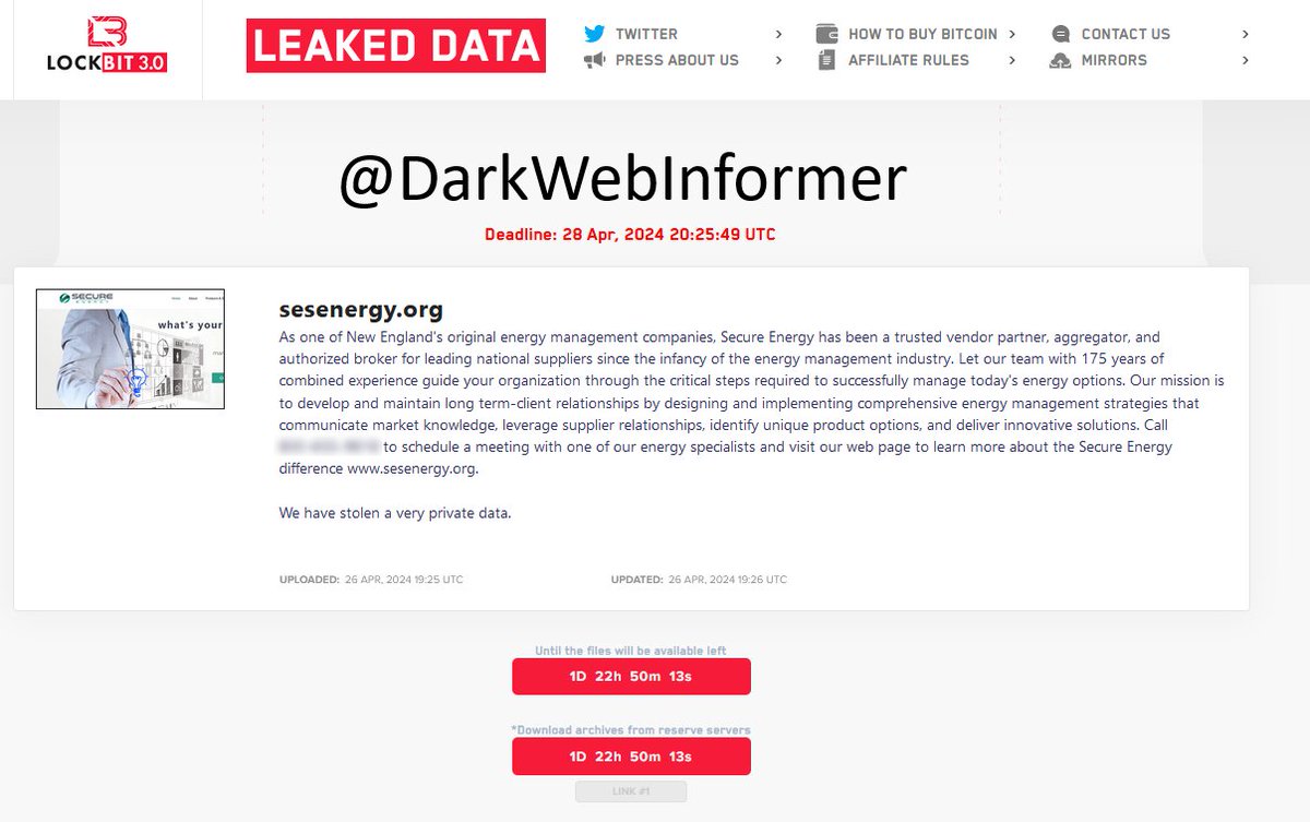 ⚠️Ransomware⚠️ Allegedly, #LockBit has named a new victim.

#Ransomware #DarkWebInformer #DarkWeb #Cybersecurity #Cyberattack #Cybercrime #Malware #Infosec #CTI

Country: #USA🇺🇸
Threat Actor: LockBit
Company: Secure Energy Solutions
Industry: Business Services
Revenue: $38.7M…