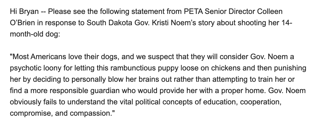 PETA is weighing in on the Kristi Noem dog story