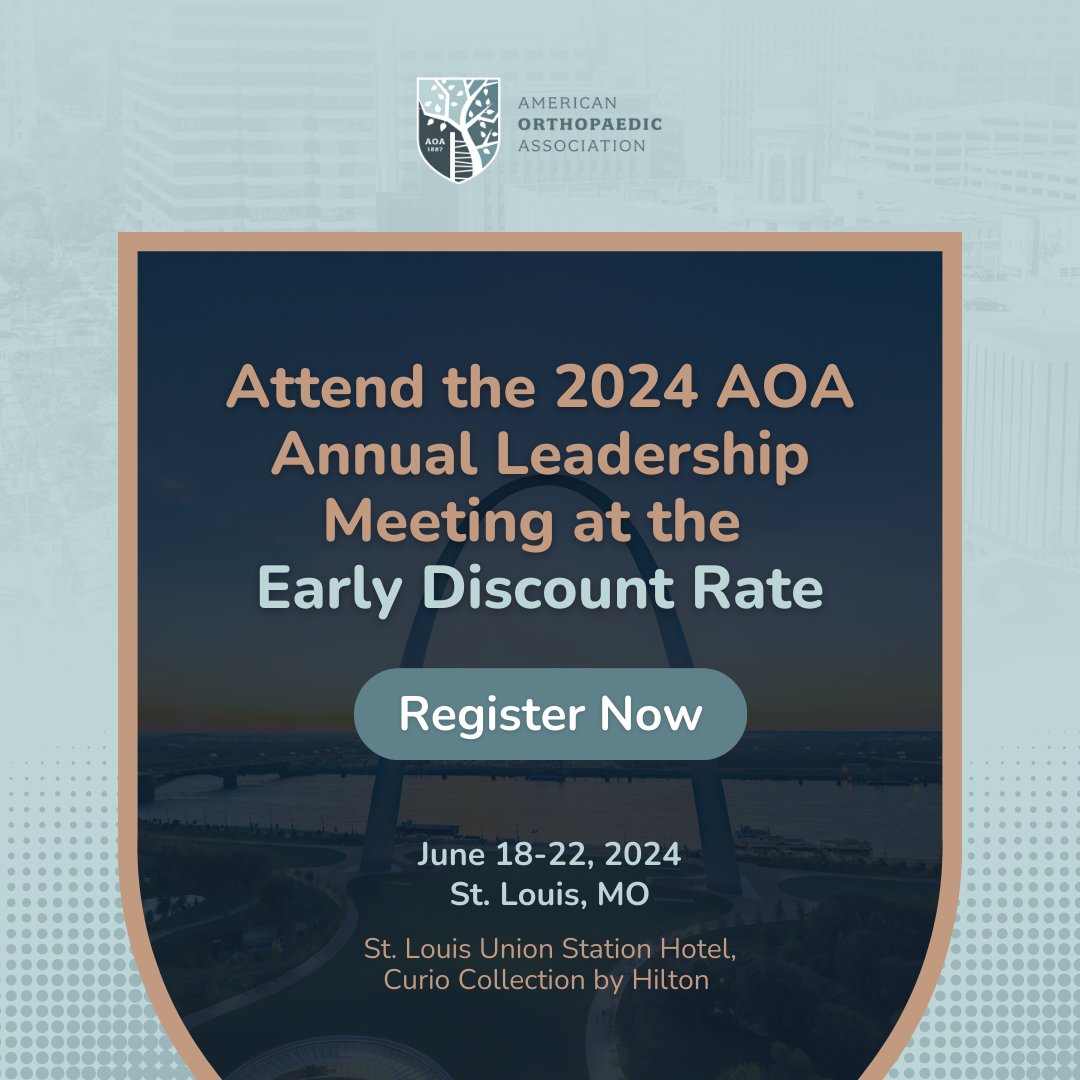 Attend the 2024 AOA Annual Leadership Meeting at the Early Discount Rate.

Designed for orthpaedic surgeons, the 2024 AOA Annual Leadership Meeting will be held in St. Louis, Missouri, a city rich in history and vibrant energy. 

Register today: loom.ly/vCYjh6o

#AOA