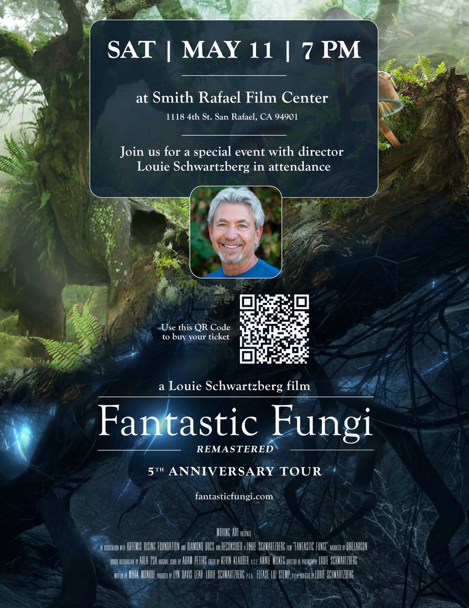 Hello San Rafael! Join Fantastic Fungi director Louie Schwartzberg @LouieFilms for special screening of Fantastic Fungi Remastered on May 11 at @cafilminstitute! Find tix: rafaelfilm.cafilm.org/fantastic-fung…