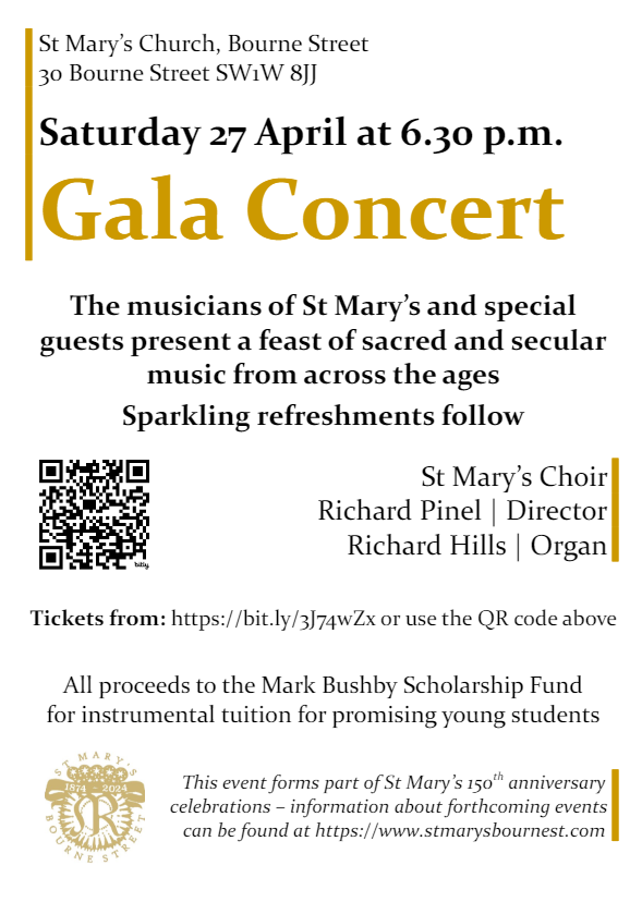 Early evening concert (not too long!).  Make your own dinner arrangements but fizz will be served afterwards. 
Tickets available on the door or here: stmarysbournest.com/gala