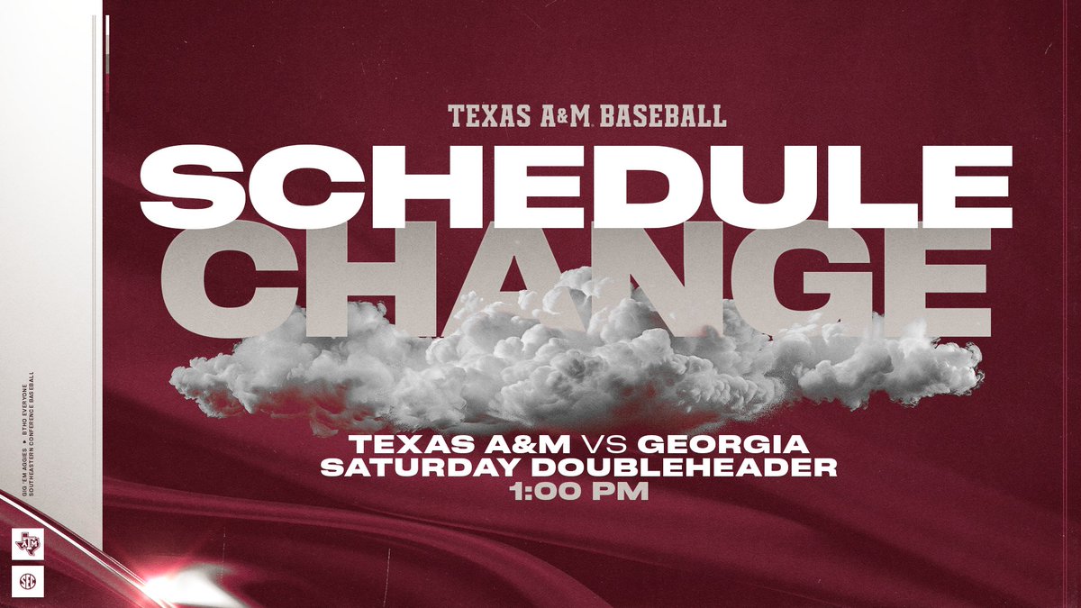 🚨 𝐒𝐜𝐡𝐞𝐝𝐮𝐥𝐞 𝐔𝐩𝐝𝐚𝐭𝐞 🚨 Tonight's game is still scheduled for a 6 p.m. start. Due to forecasted inclement weather, Sunday's finale has been moved up to Saturday as part of a doubleheader starting at 1 p.m. For more information ➡️ aggi.es/44iir8U #GigEm