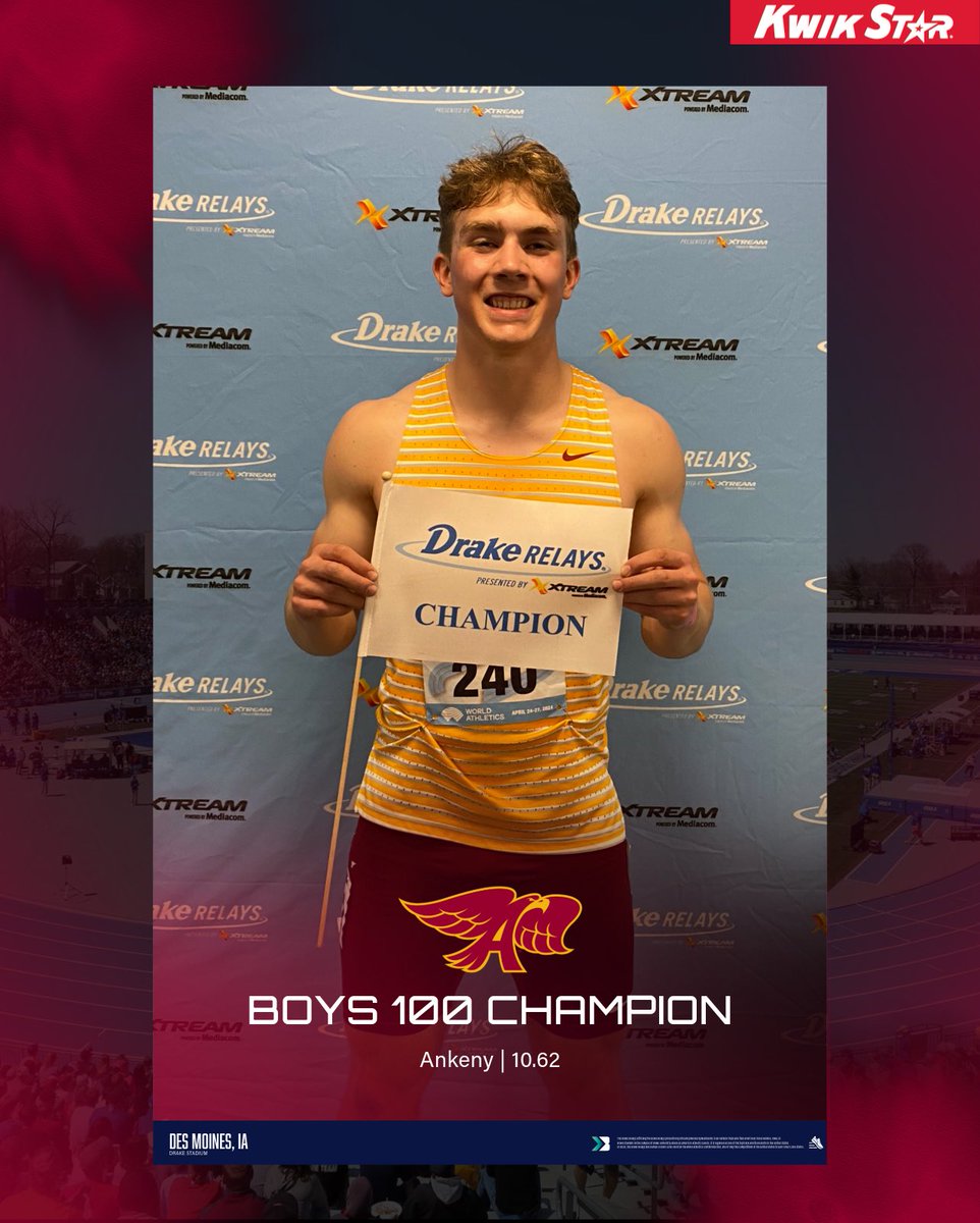 𝐃𝐑𝐀𝐊𝐄 𝐑𝐄𝐋𝐀𝐘𝐒 𝟏𝟎𝟎 𝐌𝐄𝐓𝐄𝐑 𝐂𝐇𝐀𝐌𝐏𝐈𝐎𝐍 🔥 Logan Fairchild from Ankeny wins the Boys 100 Meter Dash, 10.62