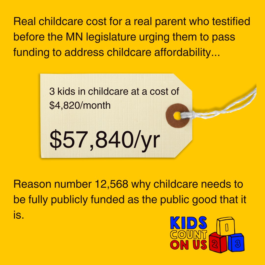 Monday, April 29 is 'Childcare UNAffordability Day'! It's the day of the year when the average MN family with 2 kids in childcare has ALREADY paid 7% of their annual income for childcare #mnleg! We've got work to do.

#affordablechildcare #SolveChildCare #GreatStartMN