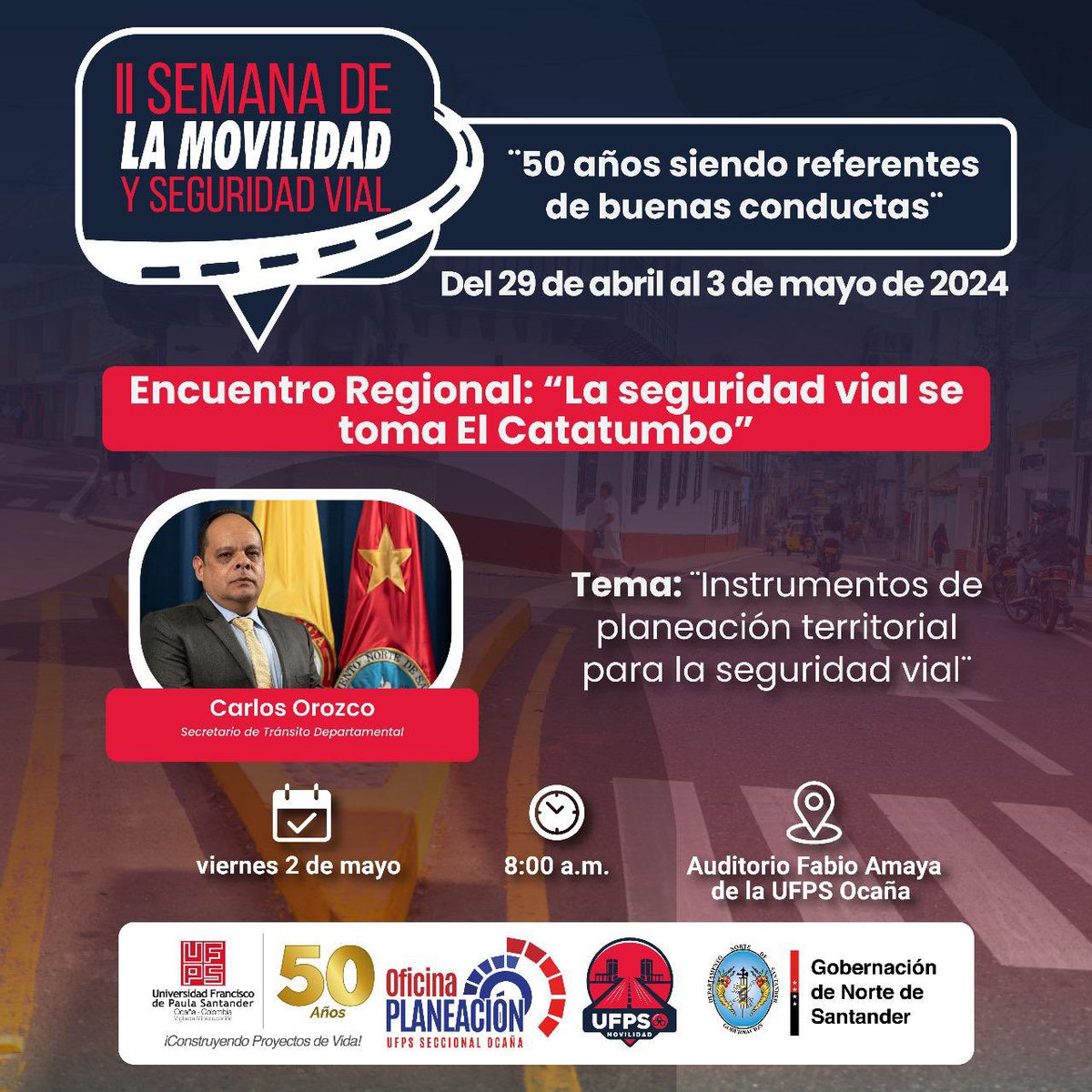 Te Invitamos a participar en el Encuentro Regional 'La seguridad vial se toma el Catatumbo: Plan Local de Seguridad Vial'. 🚦Allí conocerás las medidas y aspectos técnicos e integrales de movilidad que inciden en la protección de la vida. 🚗🚚🚶🏻‍♀️🏃🏻‍♀️