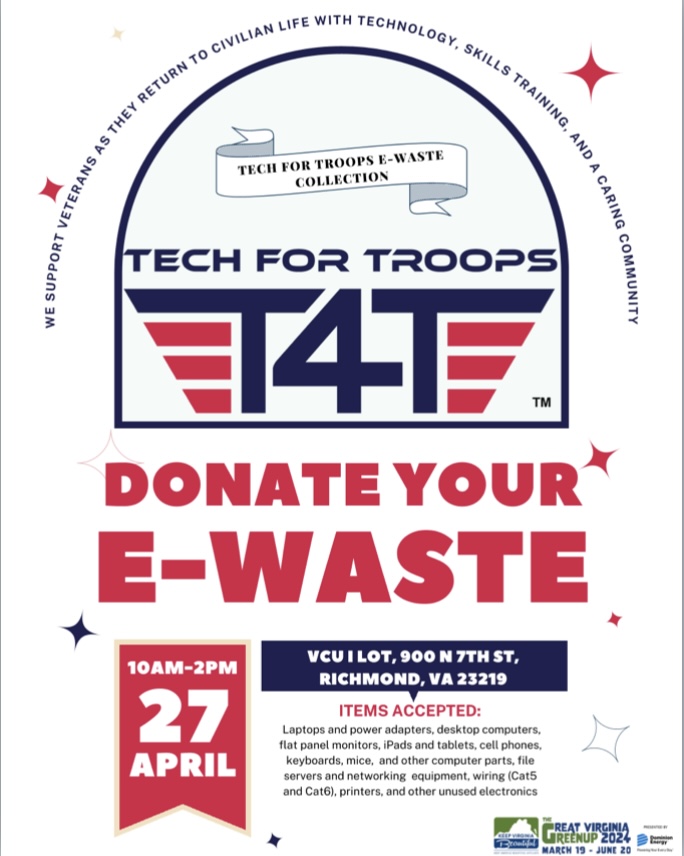 Friendly Reminder. E-Waste Drive this Saturday from 10am - 2pm at the VCU I Lot, 900th N 7th Street, Richmond, VA 23219! Let’s give new life to old tech and support our troops! #EwasteDrive #SupportOurTroops #rva #richmond #techfortroops #dominionpower #veterans #veteransupport