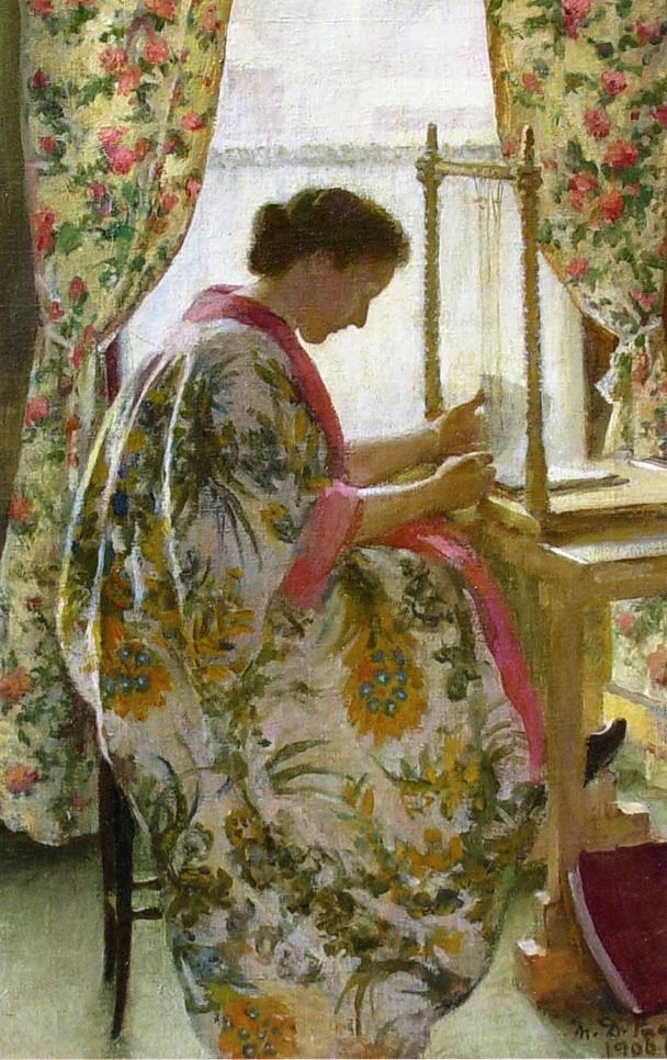 Marie Danforth Page (American painter) 1869 - 1940
The Book Binder, 1906. oil on canvas
63.5 x 40.64 cm. (25 x 16 in.)