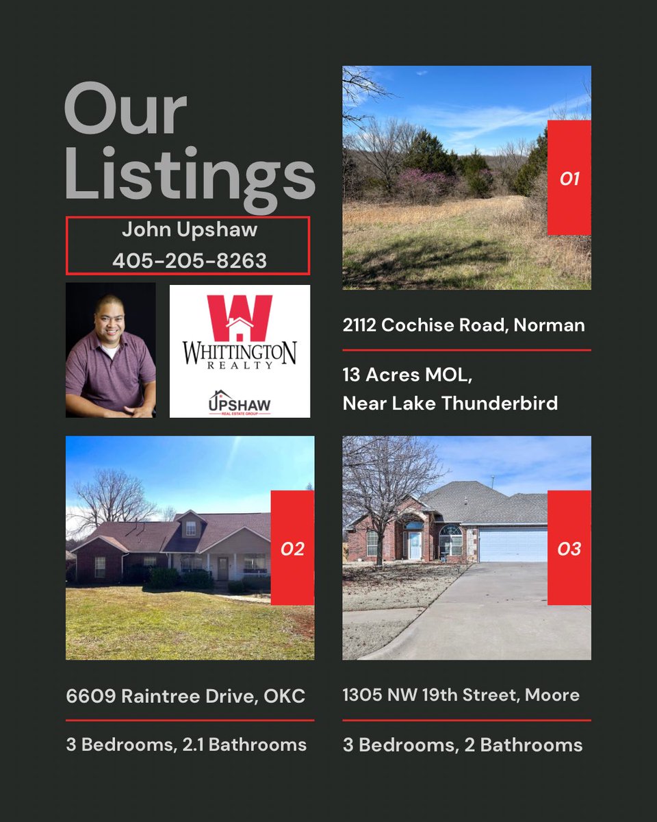 🎣🏡🏡  Check out our up to date inventory!  Call for your private showing!

#LandForSale #HomesForSale #OklahomaRealEstate #HomeSweetHome #WhittingtonRealty #UpshawRealEstate 

405-205-8263
upshawrealestate.com, 
Whittington Realty