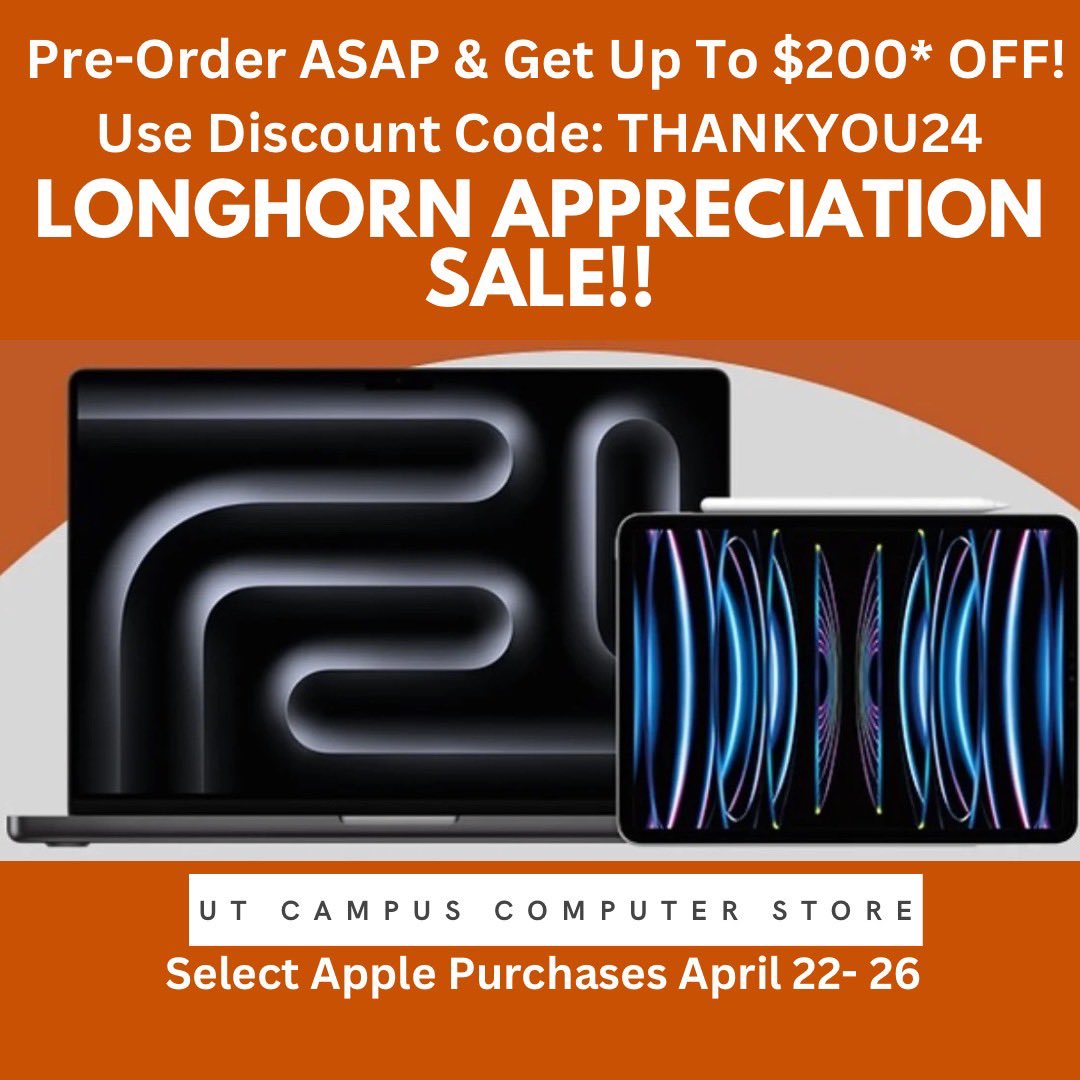 Hey #Longhorns! Today is the last day of our #LonghornAppreciation Sale! Get up to $200 off select Apple purchases. Stop by the store or shop online at the link in bio using discount code:
THANKYOU24 #UTLonghorns #UTAustin #UT #appreciation #HookEmHorns #UT24 #Thankful