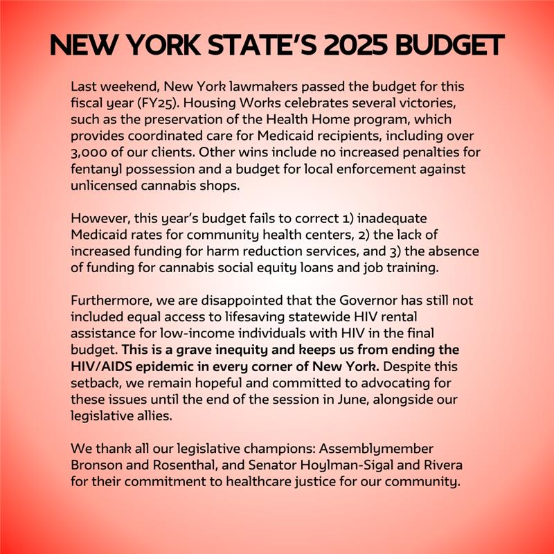 We've achieved some victories, but our journey isn't over yet. We demand comprehensive public health solutions for all New Yorkers. Click the link for more on our statement on the NYS budget: housingworks.org/press/unfulfil…