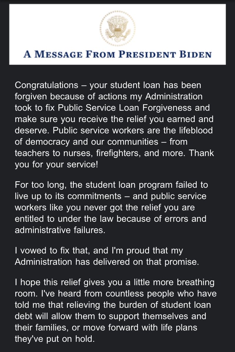 Thank you <a href="/POTUS/">President Donald J. Trump</a> &amp; your administration for removing barriers to entry &amp; prioritizing relief for thousands of people like me under the #PSLF

I’ve spent a decade under a shadow 
Words can’t describe the relief 😅 
My debt-free life begins today!
<a href="/MOHELAFAO/">MOHELA</a> <a href="/FEDStudentAids/">FederalStudentAid🌐</a>