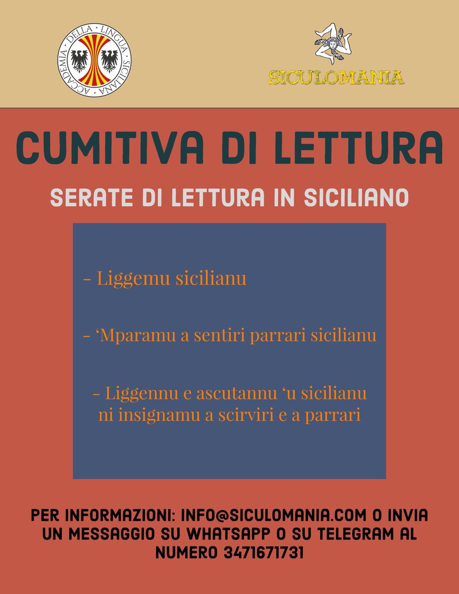 Chi volesse info e ricevere gratis in pdf 1testo scritto in siciliano ci contatti. 
Questo è il nostro modo x sostenere il patrimonio che la Sicilia porta con se. Aiutataci a diffondere SICULOMANIA:
-condividi nostri contenuti iniziative
-segui i nostri canali Telegram, Whatsapp
