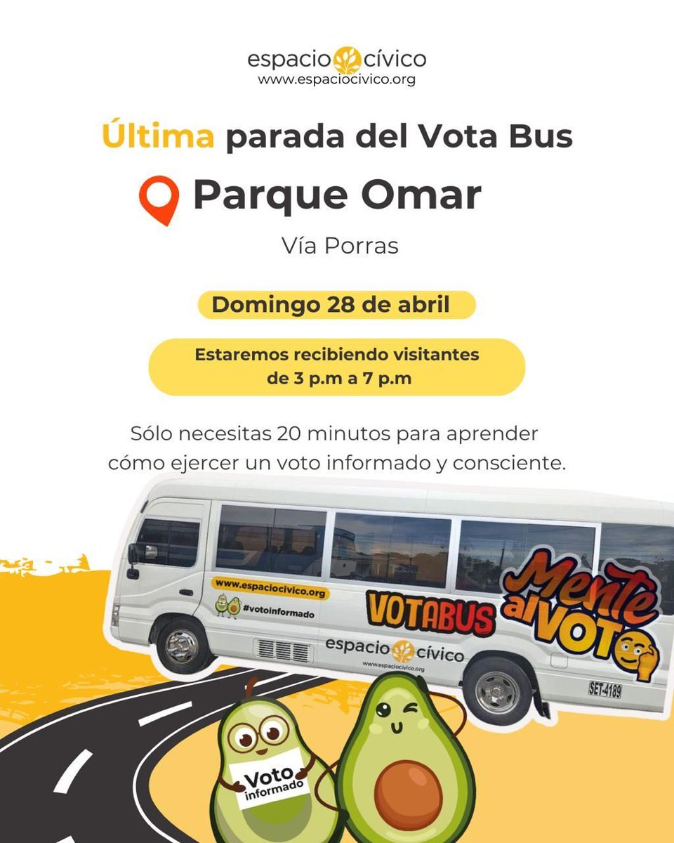 Te esperamos este domingo 28 de Abril en la última parada del Vota Bus.

Estaremos en el Parque Omar desde las 3pm hasta las 7pm para que puedas ejercer un voto informado en las próximas elecciones.

#VotoInformado2024
#ValoraTuVoto
