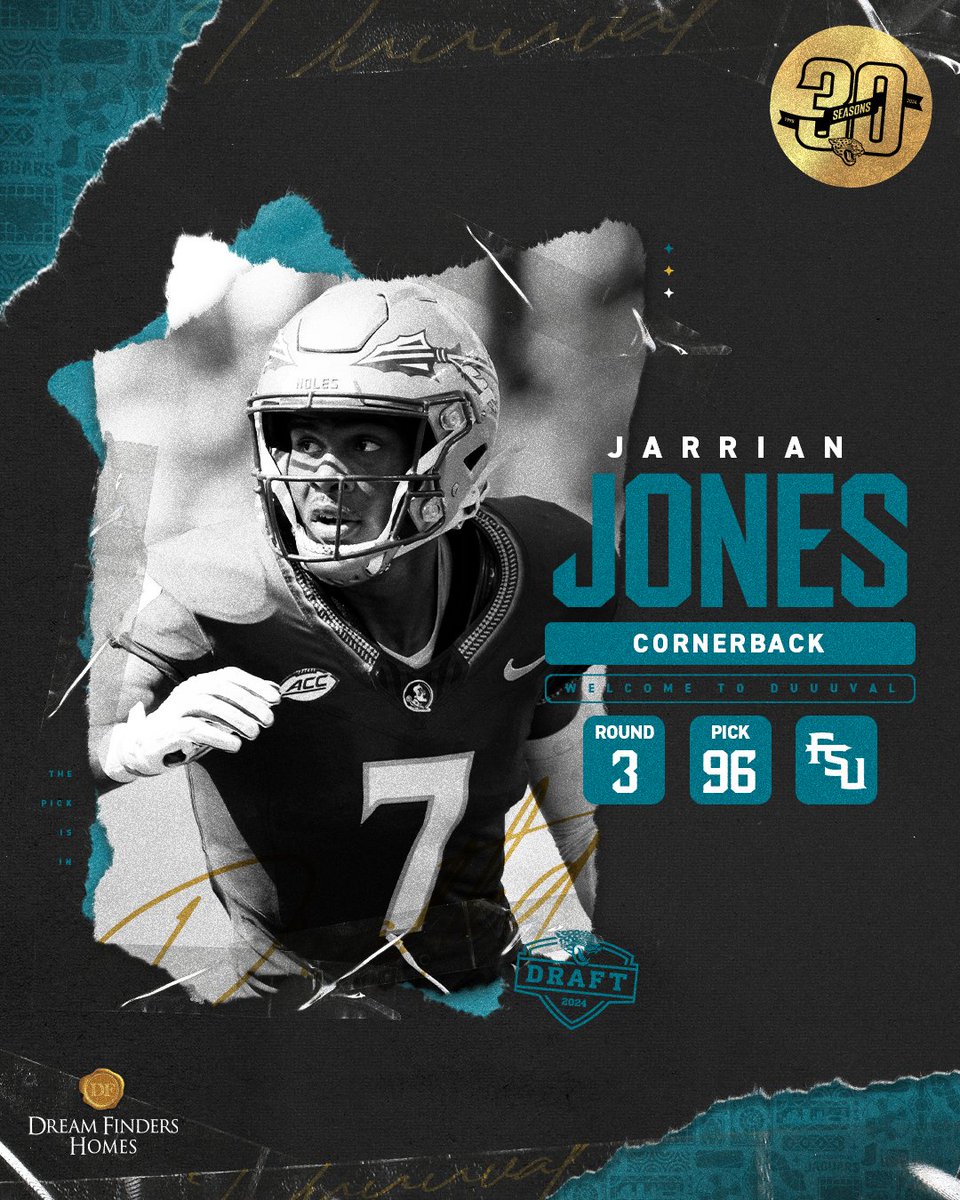 A quick trip down I-10! We have selected FSU CB Jarrian Jones with the 96th overall pick. @Dream_Finders | @JarrianJones