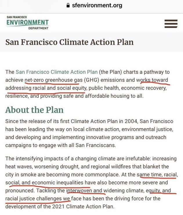 I’ve explained this before: The San Francisco “Climate Action Plan” is not only pie-in-the-sky, unreasonable, utopian blabber, it also has a racist and social equity component. Don’t take my word, here’s the City’s words: