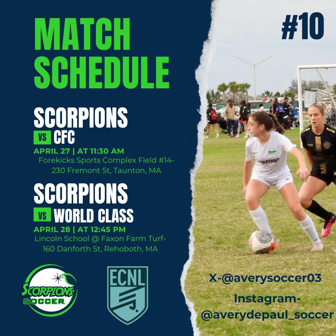 Very excited for our ECNL league games this weekend!!! 

<a href="/ScorpionsSoccer/">Scorpions Soccer Club</a> 
<a href="/ECNLgirls/">ECNL Girls</a> 
<a href="/ImCollegeSoccer/">College Soccer Truth ™</a> 
<a href="/ImYouthSoccer/">ECNL/GA/Recruiting/College Soccer</a> 
@SoccerMomInt