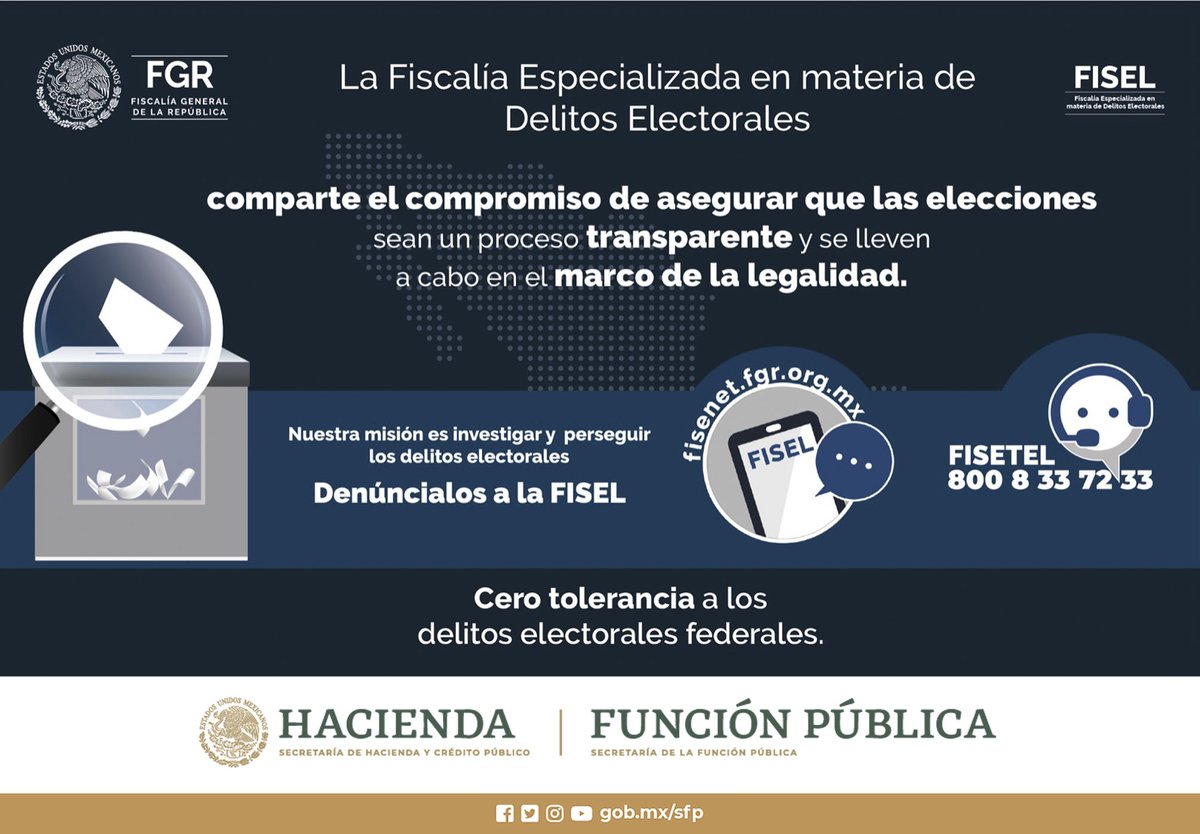 Cero tolerancia a los delitos electorales federales. Denuncia aquí delitos electorales federales👇 💻 fisenet.fgr.org.mx ☎️ 8008337233 #DenúncialosEnLaFISEL