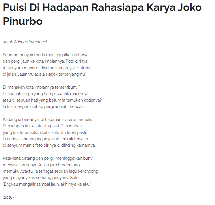 adimasnuel's tweet photo. 8 tahun lalu Joko Pinurbo menulis sebuah puisi untuk saya. Saya mengaku kepadanya tak berani membalas dan mengucap beribu terima kasih saat berjumpa.

Kini saya coba membalasnya. Meski ia tak mungkin baca, semoga kebaikannya terus kita kenang seperti semua puisi-puisi baiknya. https://t.co/LqeoJ43BVk