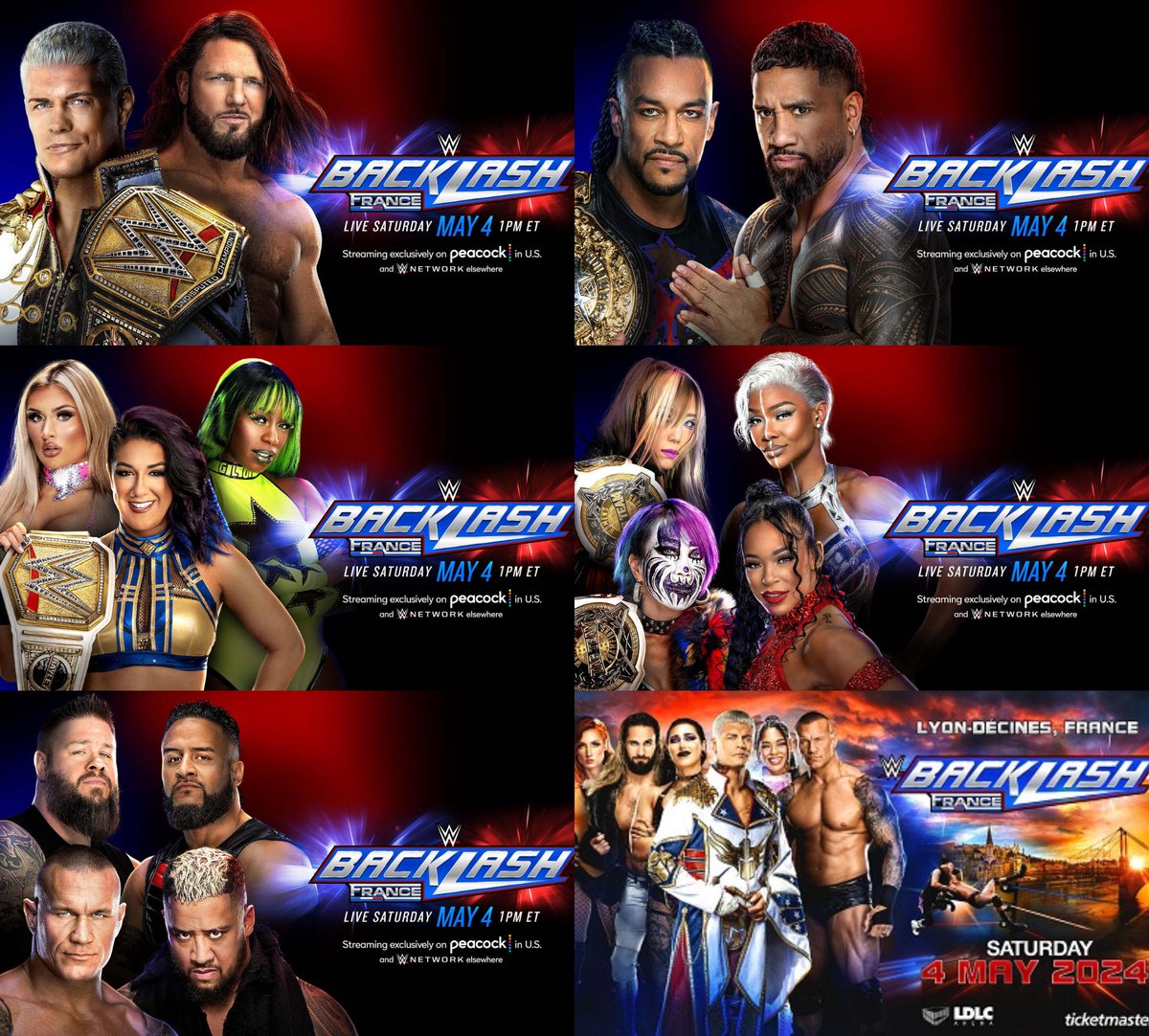 La cartelera actual (y veremos si final) de #WWEBacklash en Francia, con cinco combates anunciados. ¿Opiniones?
