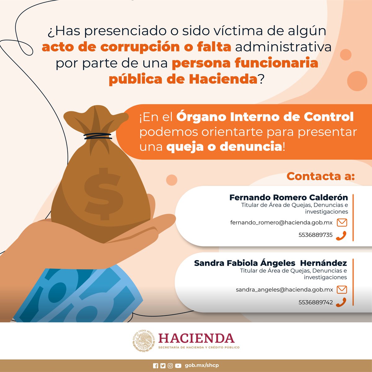 ¡Únete a la lucha contra la corrupción! 🚫 Si notas alguna actividad irregular, no dudes en informar a nuestro Órgano Interno de Control. #HaciendaContraLaCorrupción 🚨