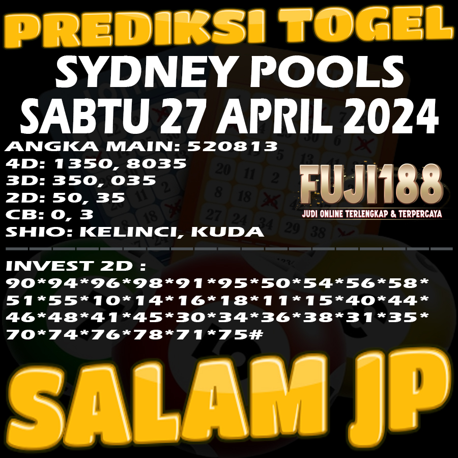 PREDIKSI TOGEL SYDNEY SABTU 27 APRIL  
#fuji188 #fuji #prediksitogel #prediksiangka #prediksijitu #angkajitu #togelonline #bandartogel #angkatogel