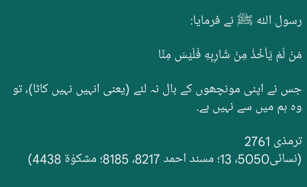 حضرت ابن عمر ؓ سے روایت ہے کہ رسول الله ﷺ نے فرمایا: 'مونچھیں کترنا فطرت میں ہے.' بخاری 5888 امام بخاری لکھتے ہیں: اور حضرت عمر ؓ (یا ابن عمر ؓ) اپنی مونچھیں کترتے رہتے حتیٰ کہ کھال کی سفیدی دیکھ لیتے، اور مونچھ اور داڑھی کے بیچ میں جو بال ہوتے اُنہیں بھی کتر دیتے.