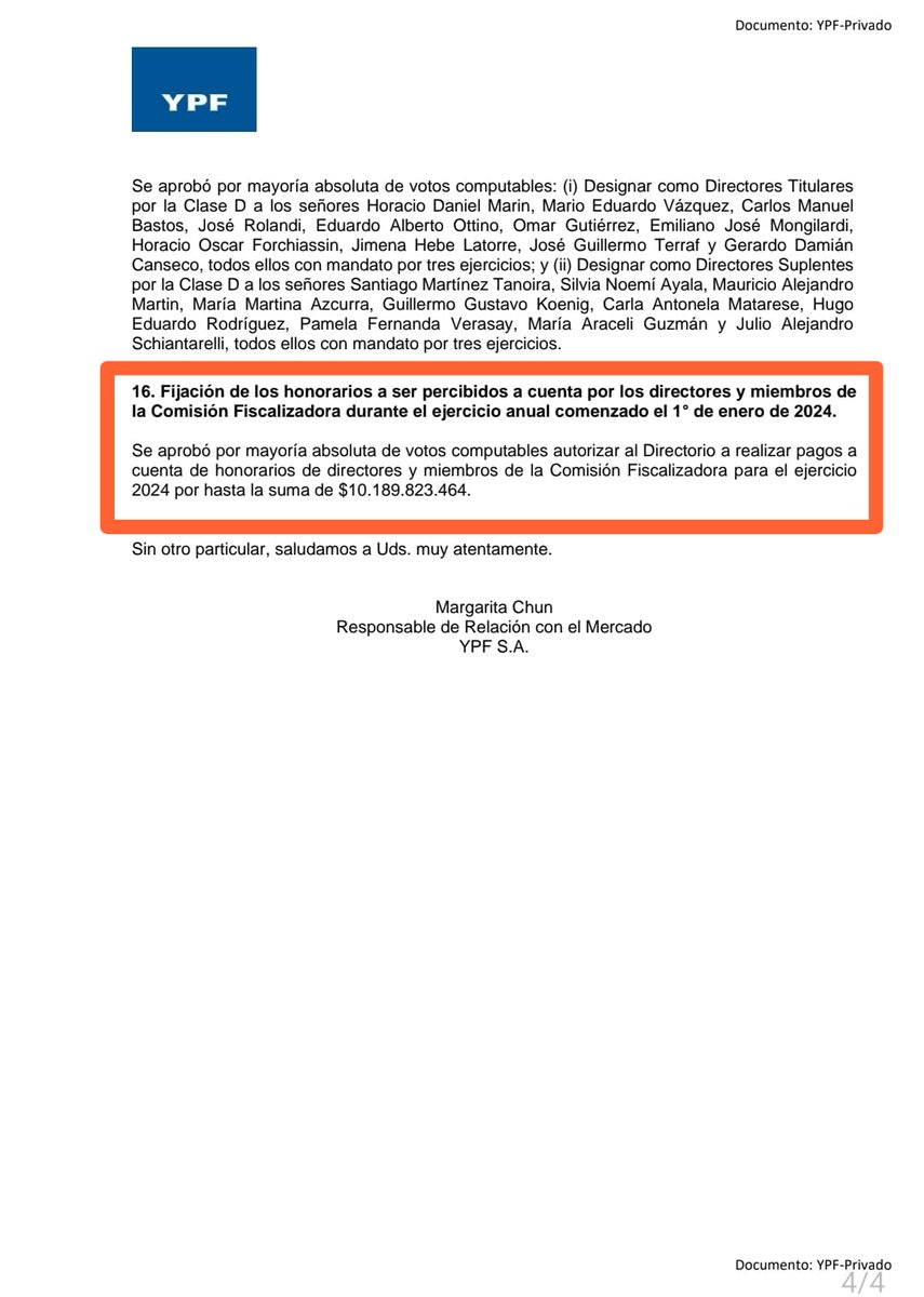 EL JEFE Y VICEJEFE DE GOBIERNO DE MILEI SE APROBARON SUELDOS DE $70 MILLONES EN YPF La Asamblea de Accionistas de YPF finalmente aprobó el sueldo de $70 millones por mes para cada uno de sus directores. Cuando lo señalamos dijeron que no era definitivo, sino una propuesta.…