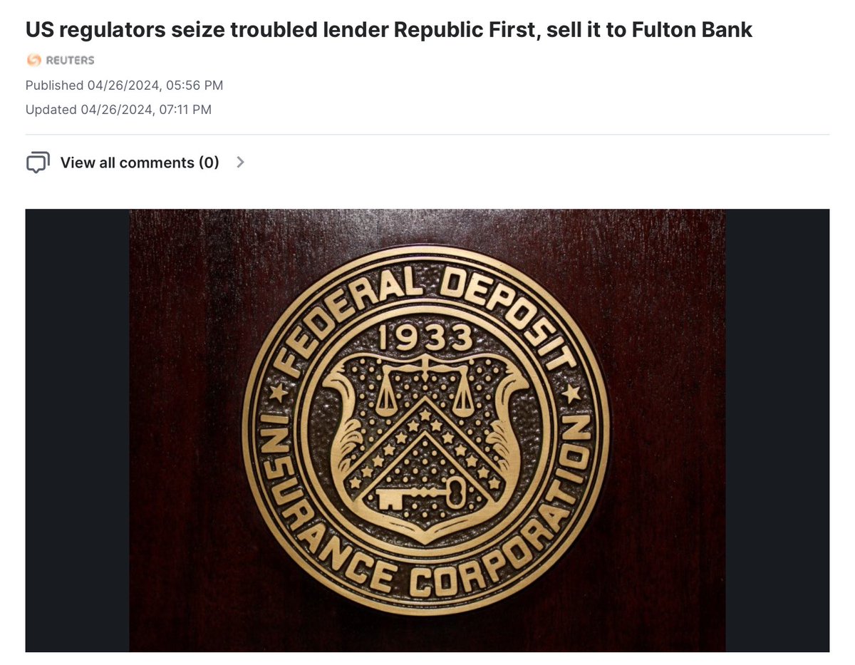 Republic First Bank is down and seized. 

This marks the 4th US regional bank failure since 2023:

🏦 Silicon Valley Bank - March 2023
🏦 Signature Bank - March 2023
🏦 First Republic Bank - May 2023
🏦 Republic First Bank - April 2024

The US Fed might need to cut interest rate