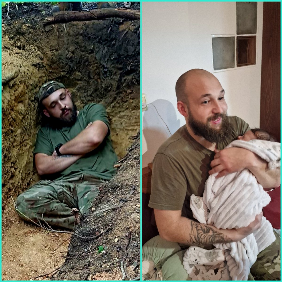 Pictured on the left is Misha, the Ukrainian soldier of Romanian origin, exhausted and taking a short nap after a day of digging trenches. It was somewhere around the summer of 2022. In the picture on the right is him again, with his newborn baby girl in early 2023. What are…