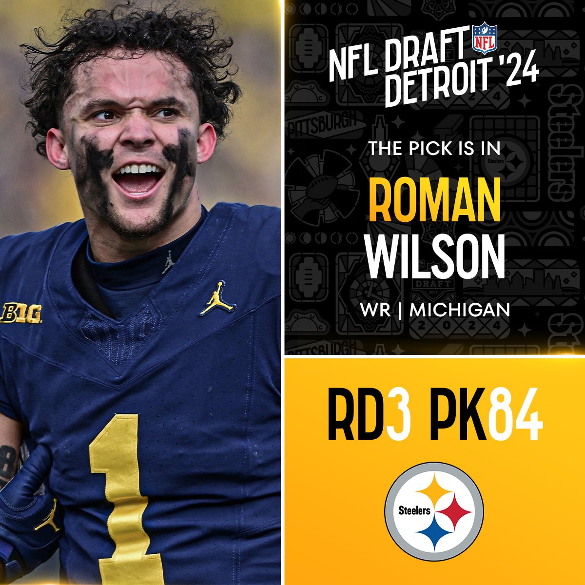 With the No. 84 overall pick in the 2024 @NFLDraft, the @steelers select Roman Wilson!

📺: #NFLDraft on NFLN/ESPN2/ABC
📱: Stream on #NFLPlus