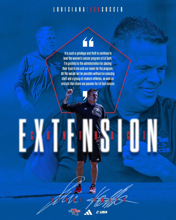 What an honor to continue the work with the incredible people of @LATechSOC 🔵⚽️🔴 Not possible without our athletes and a great staff. Thanks @charwick_5 and @stephstarr1 Go 🐶💪