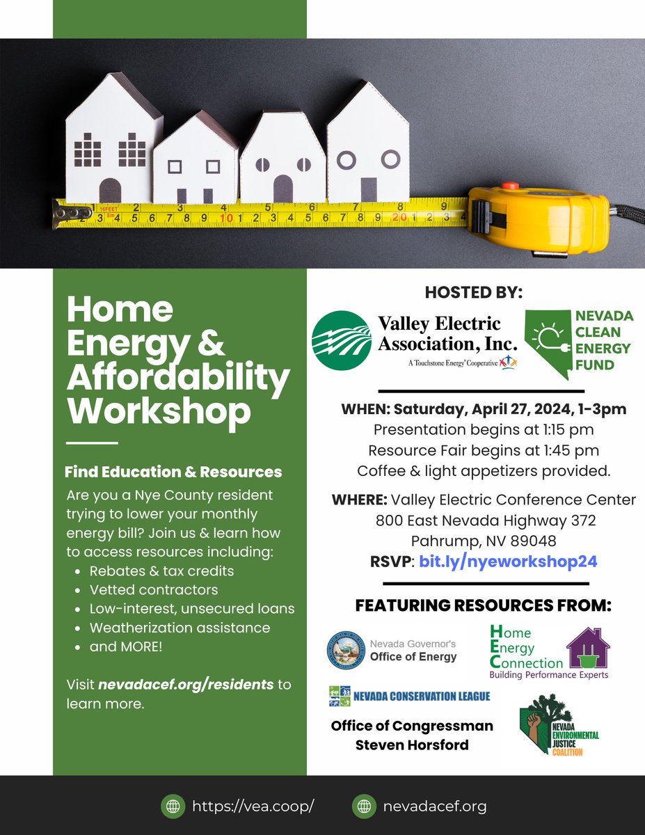 Attention Pahrump residents: Don't miss the Home Energy and Affordability Workshop this Saturday, April 27, from 1:00-3:00 PM! RSVP now to learn about energy-saving programs: bit.ly/nyeworkshop24 My office will be there to answer questions & help with constituent services.