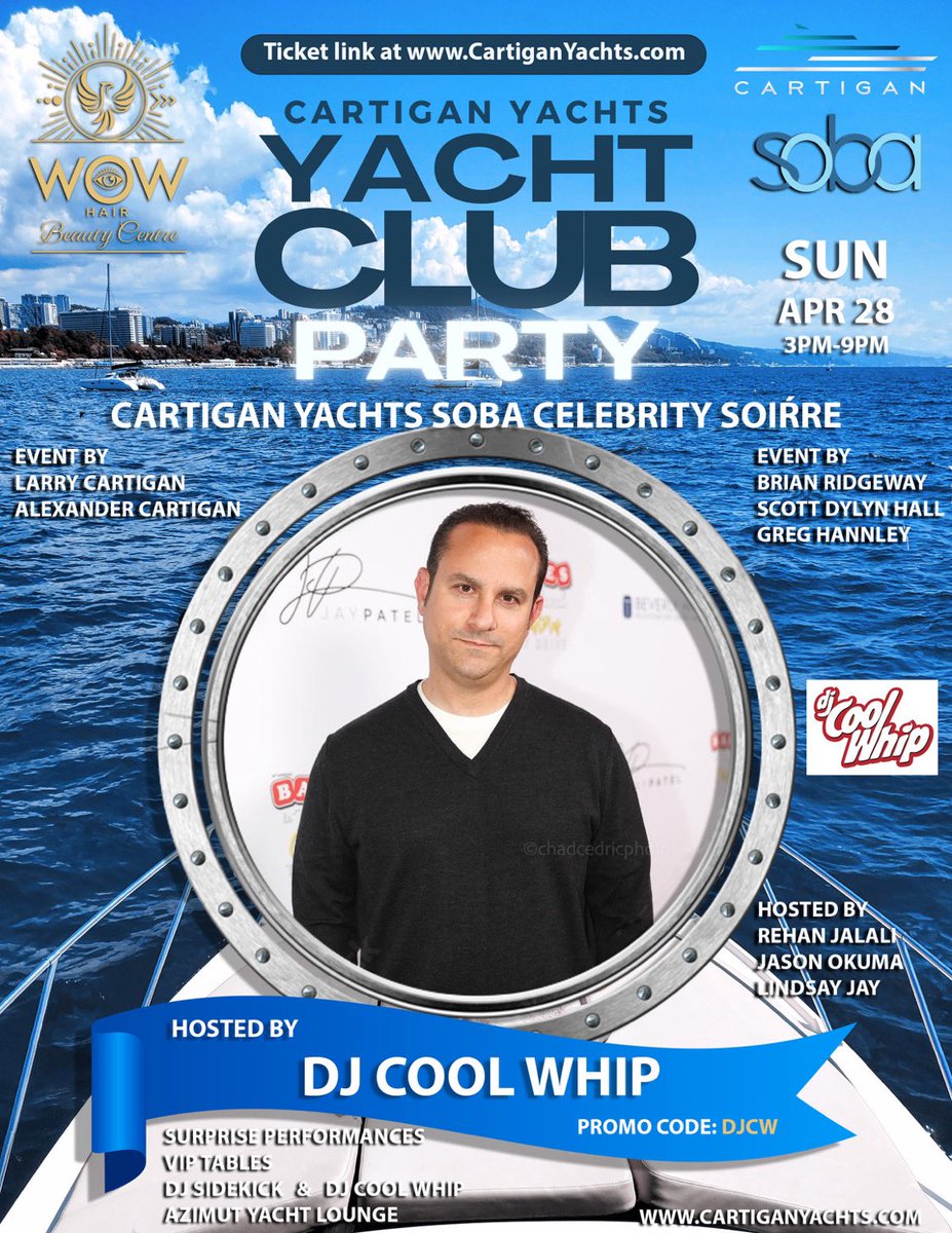 This Sunday 4/28/24 … check in with @brian_elevates and the @cartiganstreetrockets crew for a special #yacht soirée on the Pacific..

@SKAMARTIST 

#yachtparty #boatparty #marinadelrey #westside #skamlife #drdj #dayparty #pacificocean