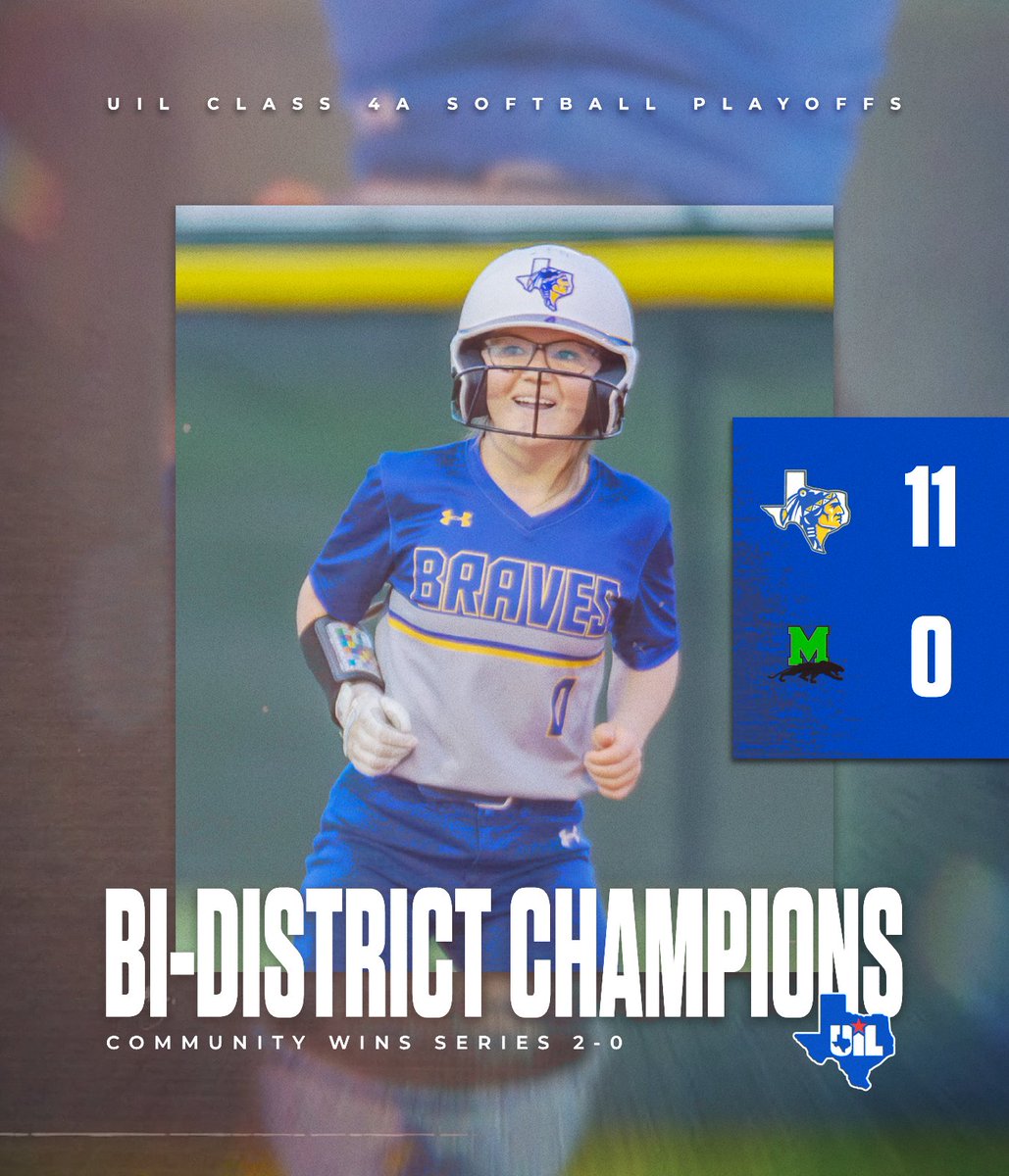 🥎 𝑩𝑰-𝑫𝑰𝑺𝑻𝑹𝑰𝑪𝑻 𝑪𝑯𝑨𝑴𝑷𝑰𝑶𝑵𝑺 🥎 After winning district with an unbeaten record, the Community Lady Braves softball team begins its playoff run with two dominant wins over Mabank! #BraveNation