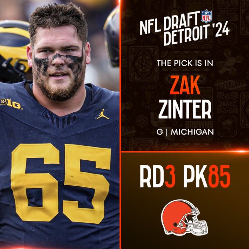 With the 85th pick in the @NFL draft the @Browns select @zak_zinter @UMichFootball #GOBLUE #PROBLUE #DawgPound #NFLDraft