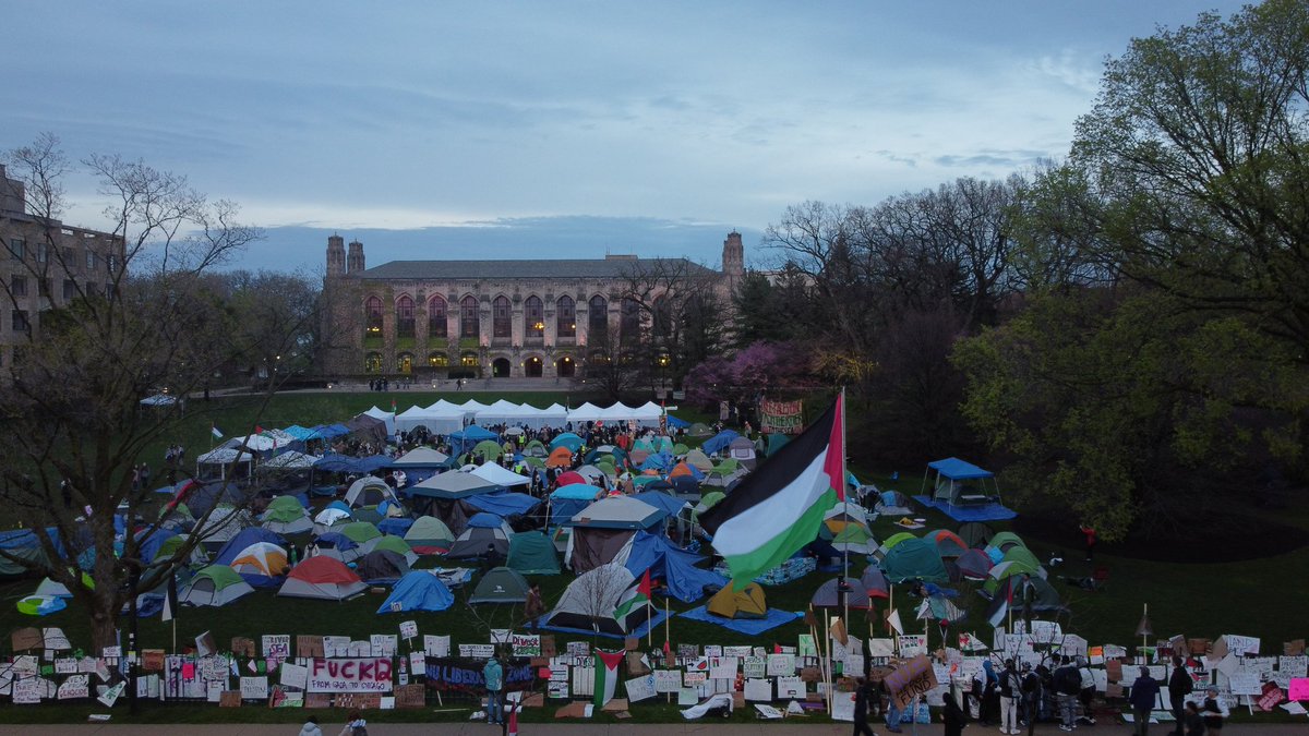 Day two of Northwestern's Gaza solidarity encampment, tents have quadrupled, students have built in, and we're not leaving anytime soon.