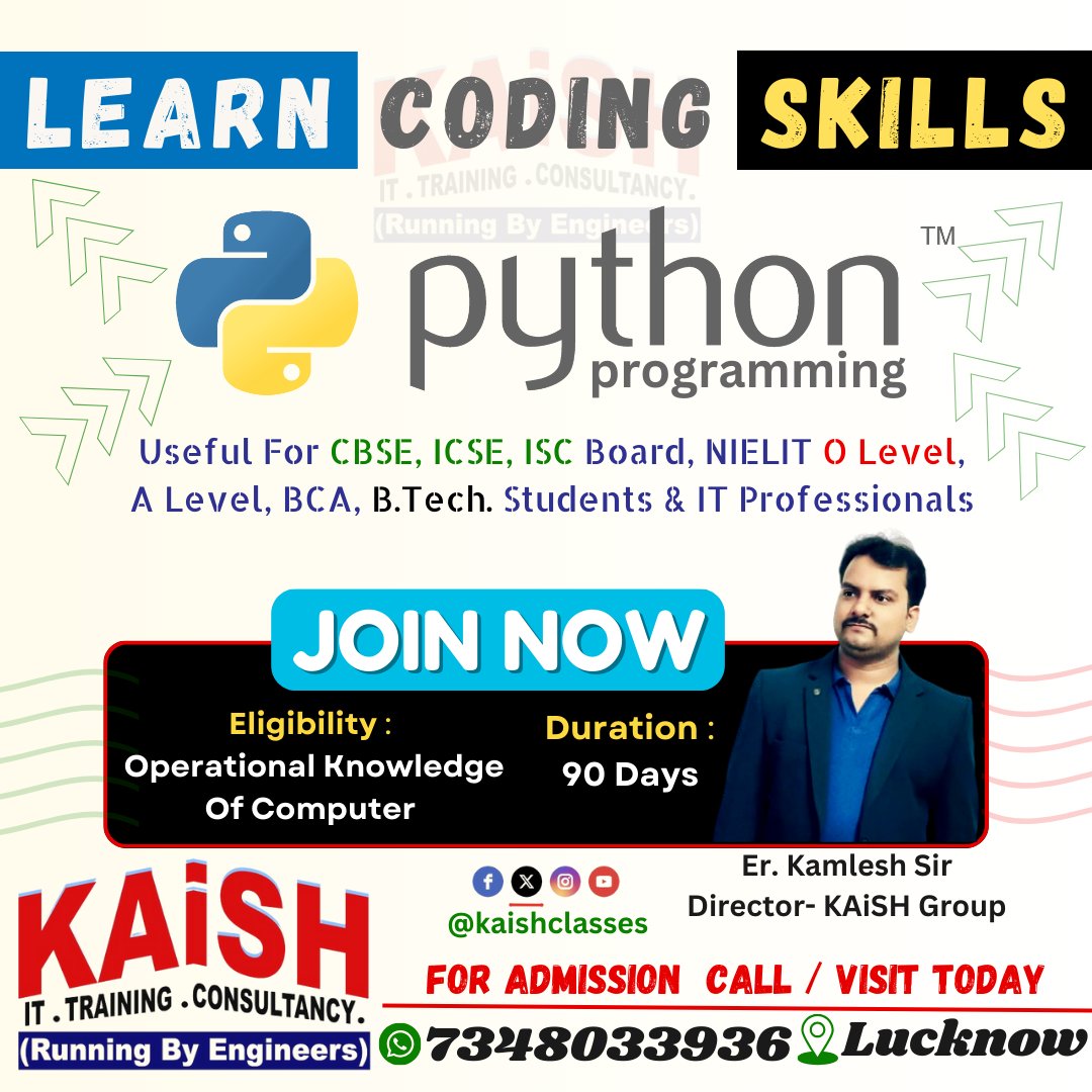 Learn #Coding #Skills
#PythonProgramming
Useful For #CBSE, #ICSE, #ISC Board Students, #NIELIT #OLevel,#ALevel, #BCA,#MCA, #Btech & #ITProfessionals 
#joinnow 

Call @ 7348033936

#python #pythonprogramminglanguage #pythondeveloper
#RegisterNow #RegistrationOpen #AdmissionsOpen