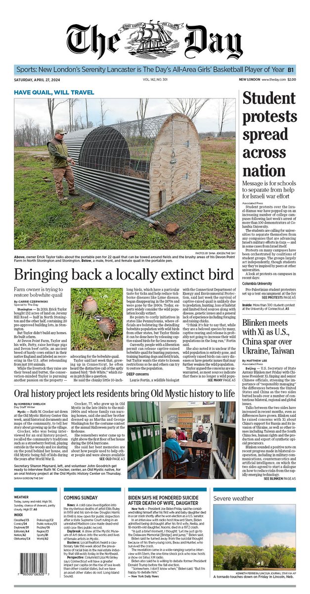 Saturday's front page: Farmer tries to bring back locally extinct bird. theday.com