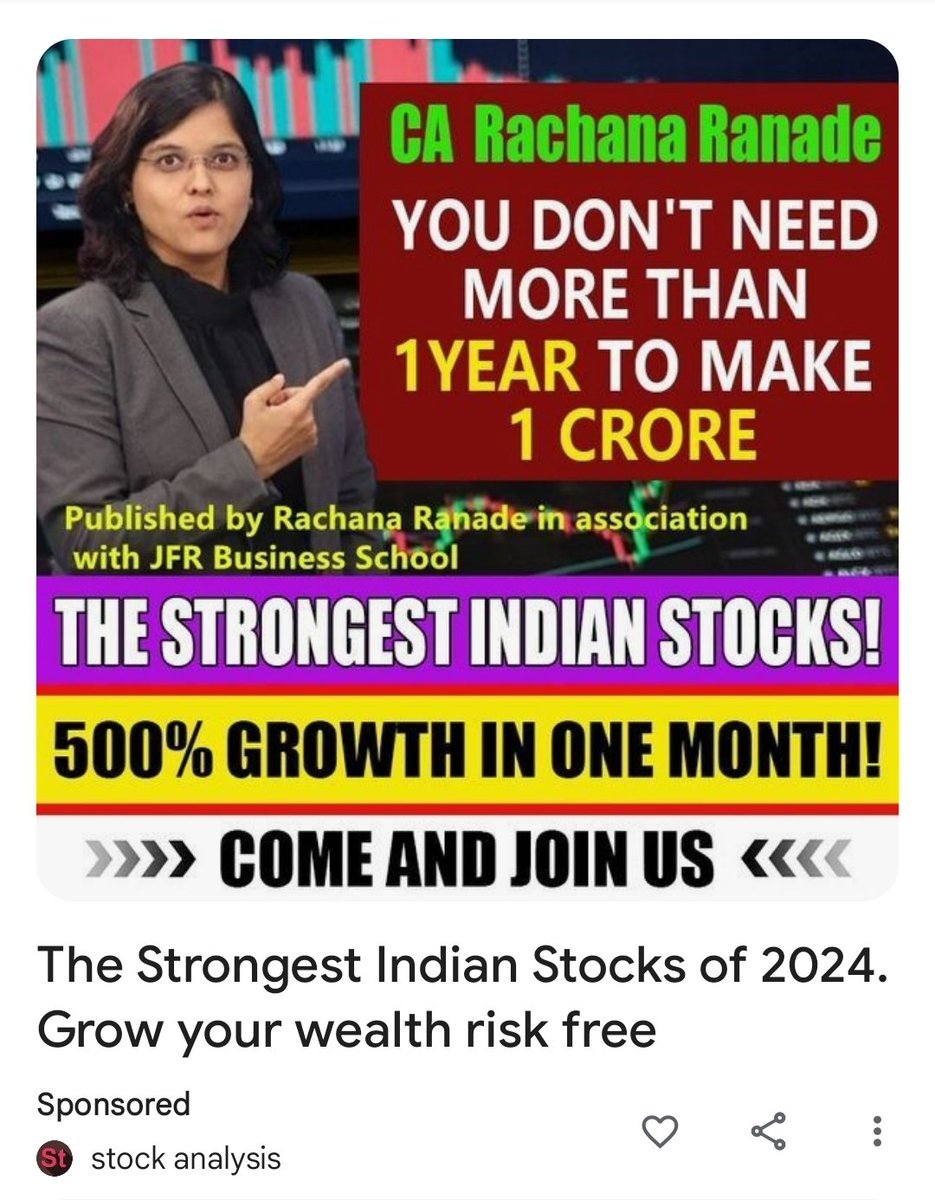 I got this ridiculous ad on my Google feed. Looks fake to me - not authorized by her. When will Sebi issue notices to Alphabet, Meta & other platforms for carrying such nonsense? People are being scammed across India.