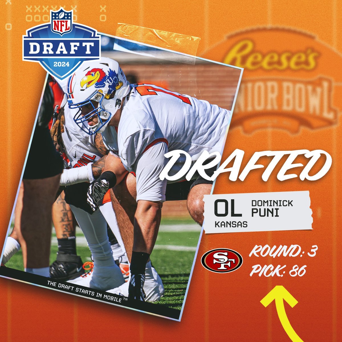 The Pick Is In! The @49ers have selected Senior Bowl alum @air_puni out of @KU_Football. #NFLDraft #FTTB #TheDraftStartsInMOBILE™️