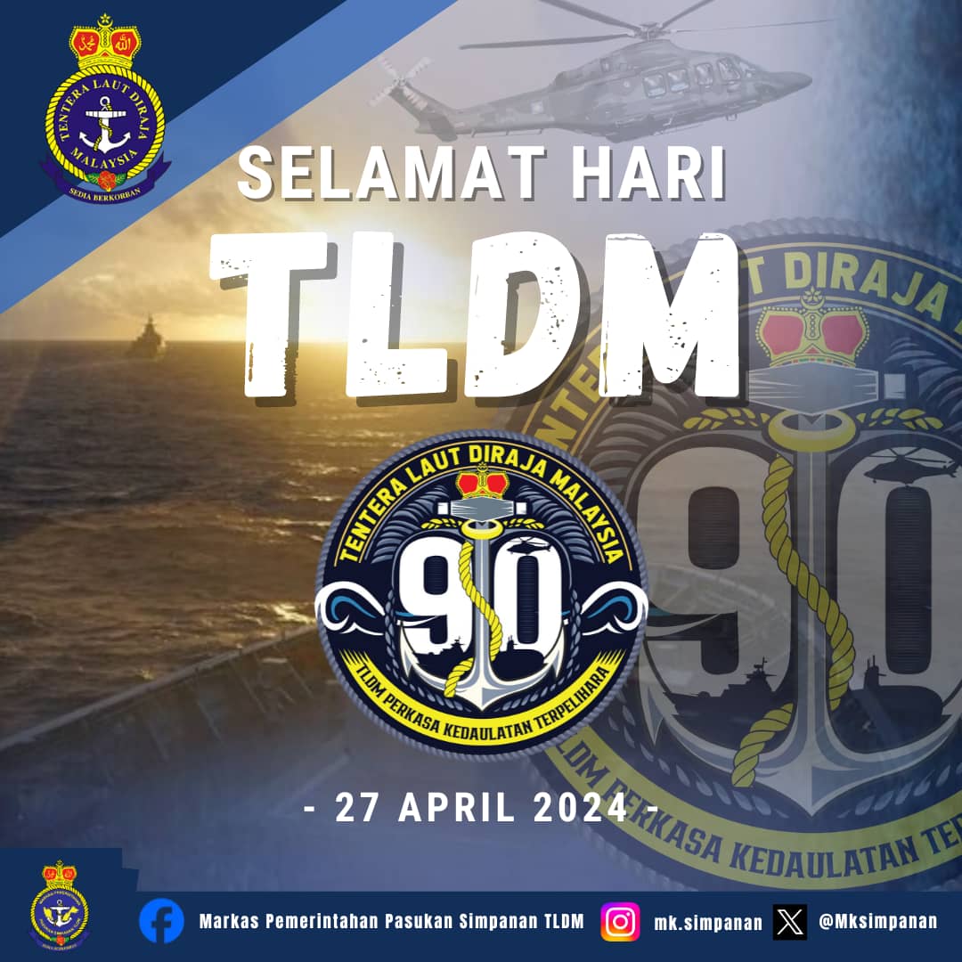 9 dekad menjaga samudera, Generasi ke generasi bersilih ganti, Badai dan arus tetap disemuka, Sedia Berkorban, kekal tersemat di hati. Selamat Hari TLDM ke-90 dari seluruh warga @MkSimpanan. “TLDM Perkasa, Kedaulatan Terpelihara”