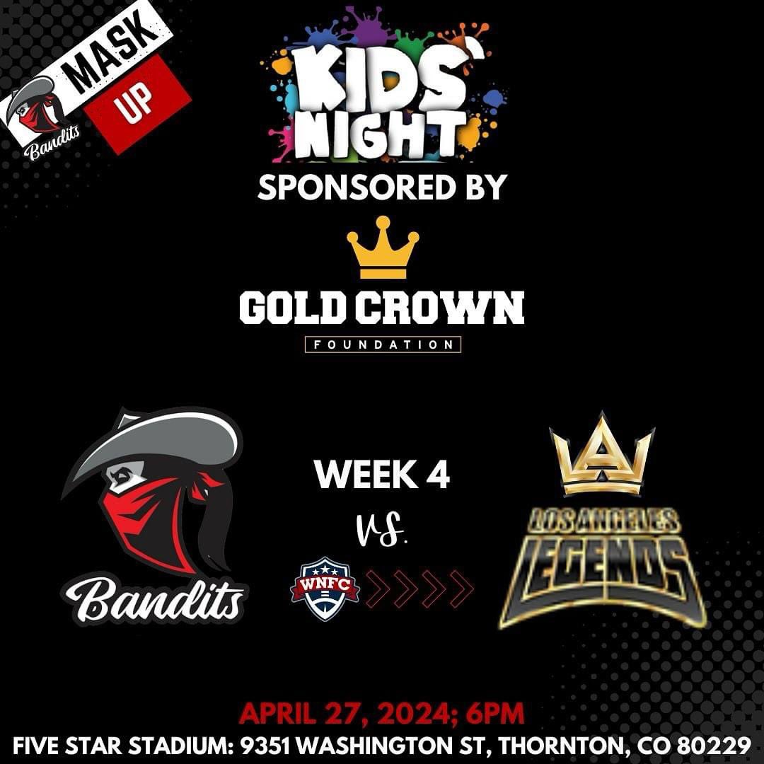 Your Denver Bandits are back @ home TOMORROW, Saturday 4/27 vs. the LA Legends. Game time is 6pm! It’s kids night, there will be fun activities at halftime with chances to win Bandits swag!

Link in bio to purchase game tickets!

#wnfc #womensfootball #lawlessgang #ballinginlove