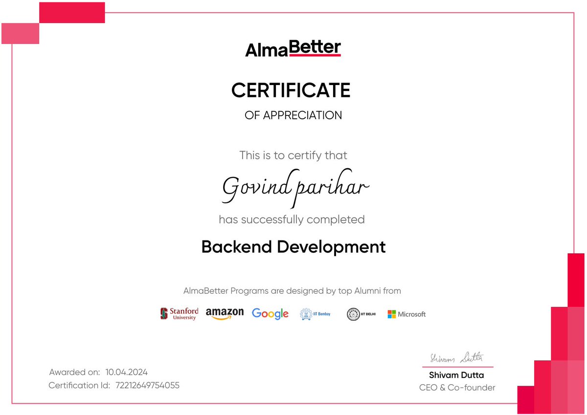 Check out my Module Completion digital certificate/badge issued by AlmaBetter Edutech Pvt. Ltd. via @sertifier!
#programmingconcepts 
 certificates.almabetter.com/en/verify/7221…