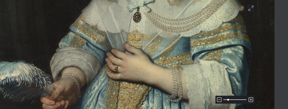 Bartholomeus van der Helst (1613-1670) Portrait of a Girl in Pale Blue with an Ostrich Feather Fan, 1645. Her name is lost to history but her dress has been exquisitely rendered, the sheer organza over the expensive lace and pearls is very fine. Just lovely. @NationalGallery