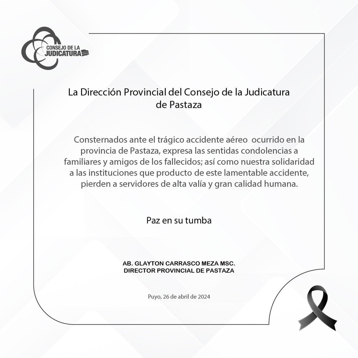 El @PastazaCJ se solidariza ante el trágico accidente aéreo ocurrido en la provincia. Expresamos nuestras condolencias a los familiares de las personas fallecidas. Paz en su tumba.