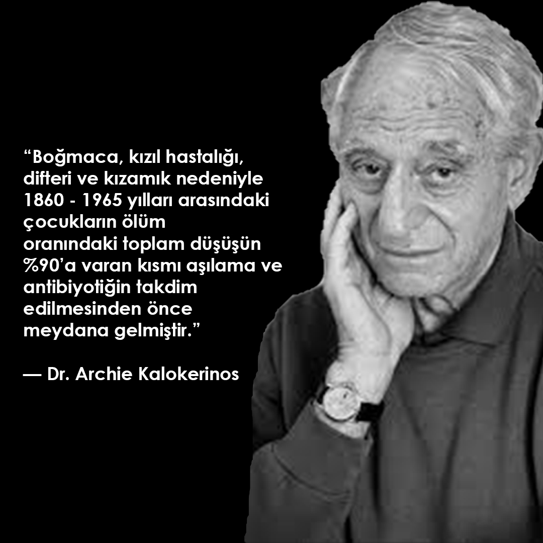 “Boğmaca, kızıl hastalığı, difteri ve kızamık nedeniyle 1860 - 1965 yılları arasındaki çocukların ölüm
oranındaki toplam düşüşün %90’a varan kısmı aşılama ve antibiyotiğin takdim edilmesinden önce
meydana gelmiştir.”

— Dr. Archie Kalokerinos