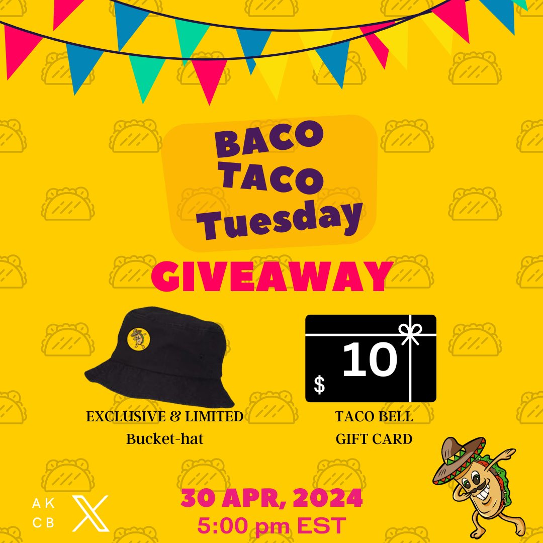 🌮🎉 GIVEAWAY ALERT🎉🌮

🌟Win a Limited bucket hat and a $10 @tacobell gift card🎁 
To enter :

1. Follow @ItsBacoBro @Lizmej12 @Vongelic1 
2. Like ✅ & Repost 🔄
3. Tag 2 friends who love tacos 

Winners announced 4/30 &  must be on space.
