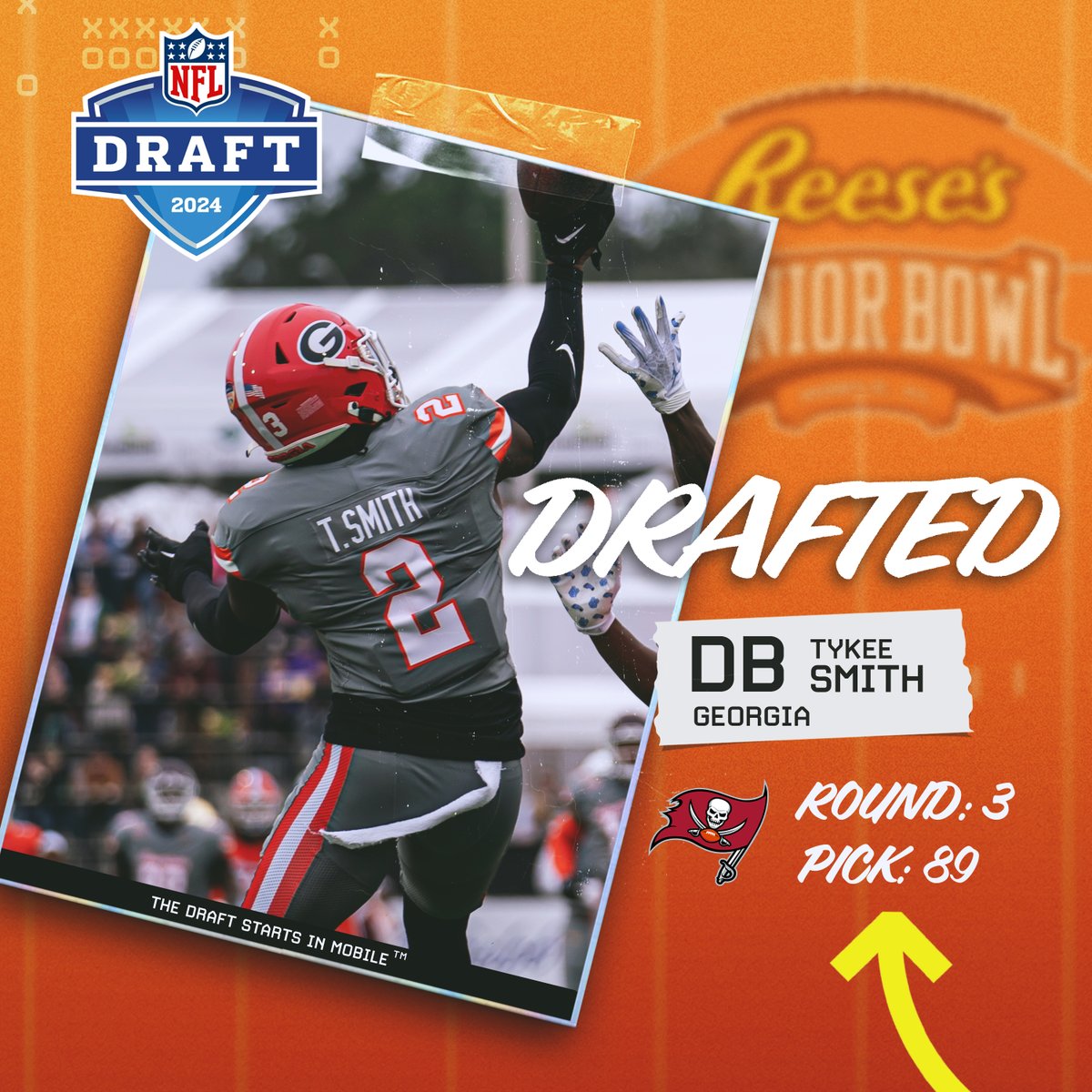 The Pick Is In! The @Buccaneers have selected Senior Bowl alum @TykSmith out of @GeorgiaFootball. #NFLDraft #WeAreTheKrewe #TheDraftStartsInMOBILE™️