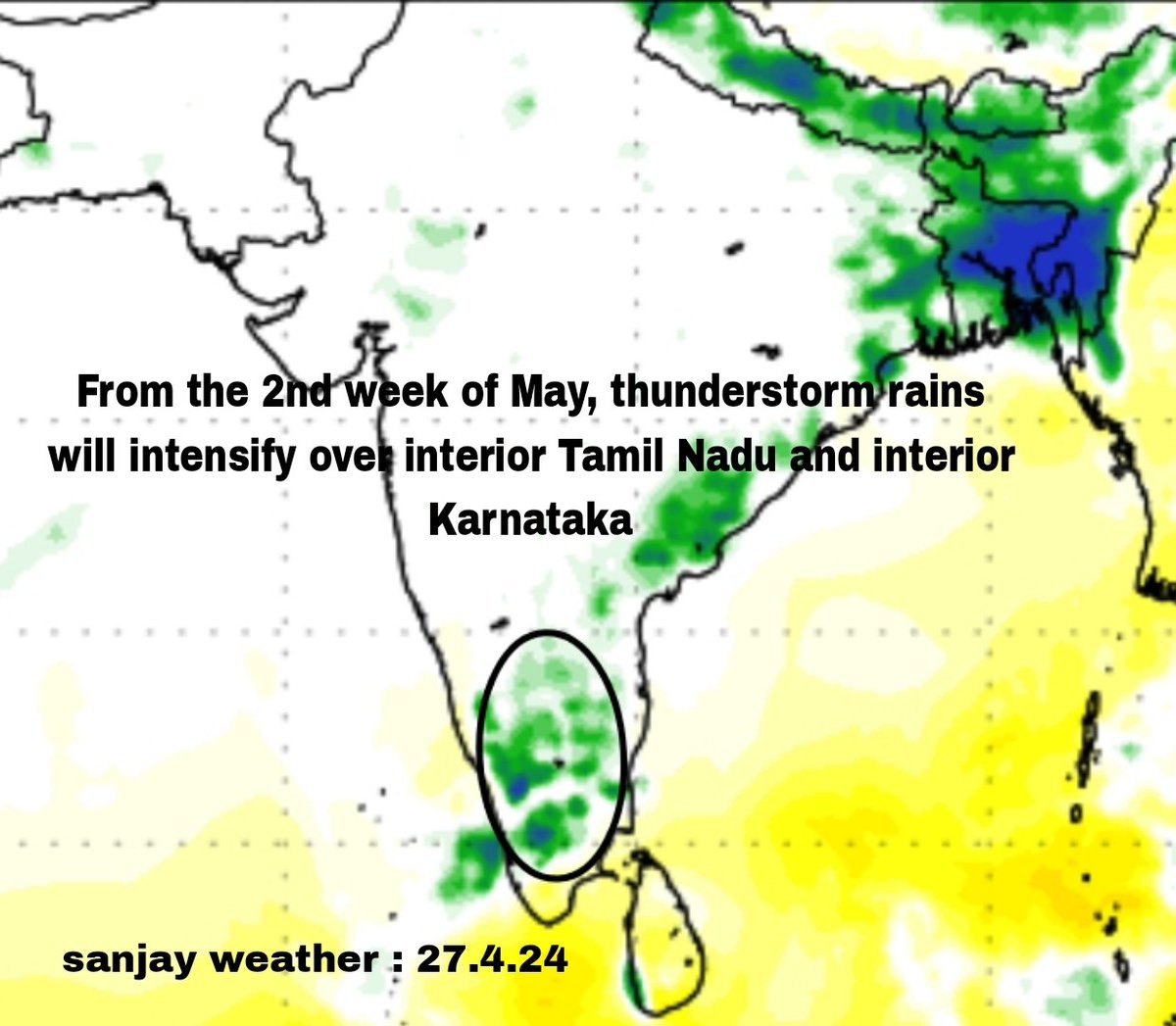MAY 2nd week 🌨️🌨️
#Thunderstorm rains will intensify from the 2nd week of May over interior parts of #TamilNadu #westernghats and interior parts of #Karnataka Although the temperature will increase during the day, there will be a chance of good rain in the afternoon and evening